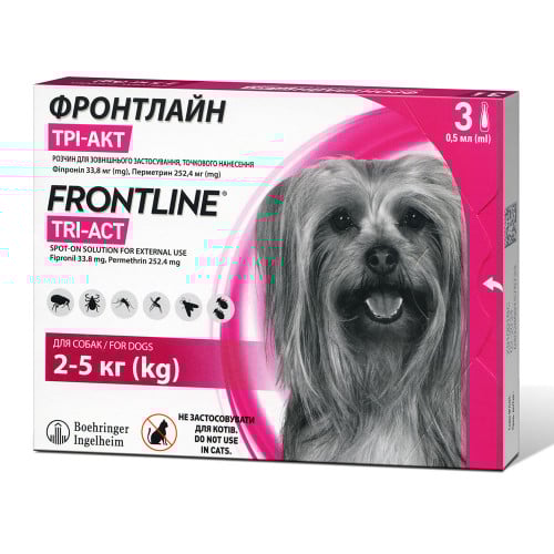 Краплі Boehringer Ingelheim Frontline TRI-ACT від бліх і кліщів для собак, XS, 2-5 кг, ціна за 1 піпетку Краплі Boehringer Ingelheim Frontline TRI-ACT від бліх і кліщів для собак, XS, 2-5 кг, ціна за 1 піпетку