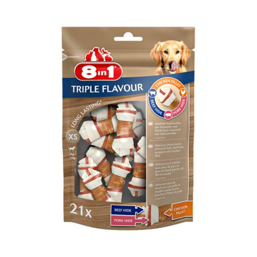 Ласощі для собак 8in1 Triple Flavour жувальні кістки, XS, з м'ясом, 21 шт Ласощі для собак 8in1 Triple Flavour жувальні кістки, XS, з м'ясом, 21 шт