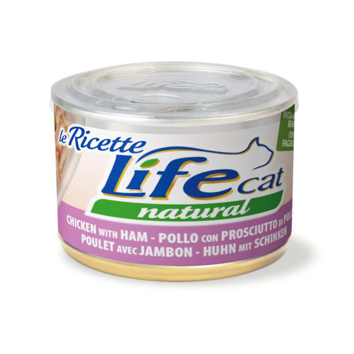 Консерва LifeCat Chicken With Ham для котів від 6 місяців, курятина з шинкою та стручковою квасолею, 150 г Консерва LifeCat Chicken With Ham для котів від 6 місяців, курятина з шинкою та стручковою квасолею, 150 г