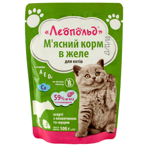 Влажный корм Леопольд для кошек, мясное ассорти с говядиной и сердцем в желе, 130 г Влажный корм Леопольд для кошек, мясное ассорти с говядиной и сердцем в желе, 130 г