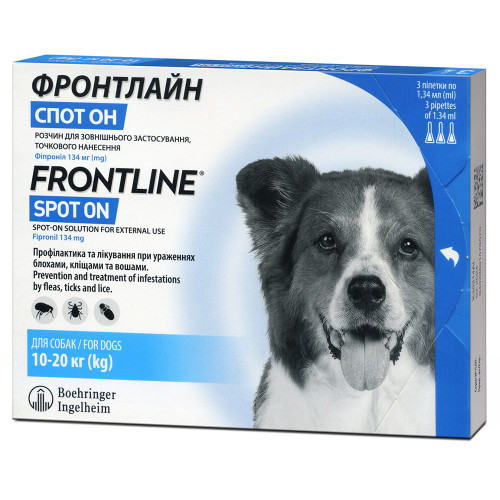 Краплі Boehringer Ingelheim Фронтлайн Спот Он від бліх і кліщів для собак, M, 10-20 кг, ціна за 1 піпетку Краплі Boehringer Ingelheim Фронтлайн Спот Он від бліх і кліщів для собак, M, 10-20 кг, ціна за 1 піпетку