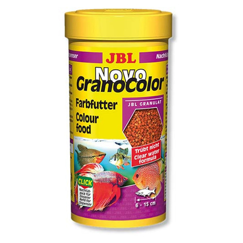 Корм JBL NovoGranoColor для яскравого фарбування середніх та великих акваріумних риб, без дозатора, 250 мл Корм JBL NovoGranoColor для яскравого фарбування середніх та великих акваріумних риб, без дозатора, 250 мл