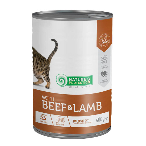 Консерви Natures Protection Cat Adult Beef&Lamb для котів, з яловичиною та ягням, 400 г Консерви Natures Protection Cat Adult Beef&Lamb для котів, з яловичиною та ягням, 400 г