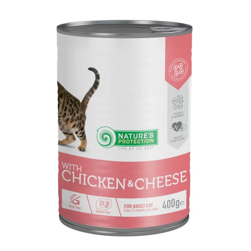 Консерви Natures Protection Cat Adult Chicken&Cheese для котів, з куркою та сиром, 400 г Консерви Natures Protection Cat Adult Chicken&Cheese для котів, з куркою та сиром, 400 г