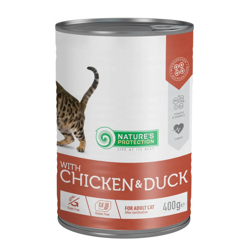 Консерви Natures Protection Cat Sterilised Chicken&Duck для котів, з куркою та качкою, 400 г Консерви Natures Protection Cat Sterilised Chicken&Duck для котів, з куркою та качкою, 400 г