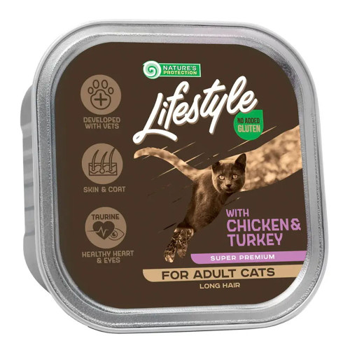 Консерви Natures Protection Lifestyle Long Hair Chicken&Turkey для котів з довгою шерстю, з куркою та індичкою, 85 г Консерви Natures Protection Lifestyle Long Hair Chicken&Turkey для котів з довгою шерстю, з куркою та індичкою, 85 г