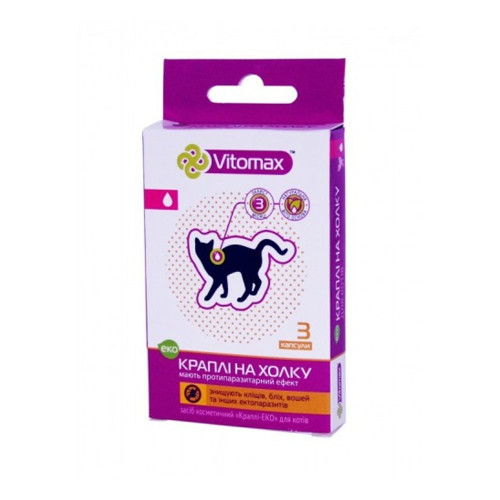 Краплі на холку Vitomax Eco від бліх та кліщів, для котів, 1 піпетка Краплі на холку Vitomax Eco від бліх та кліщів, для котів, 1 піпетка