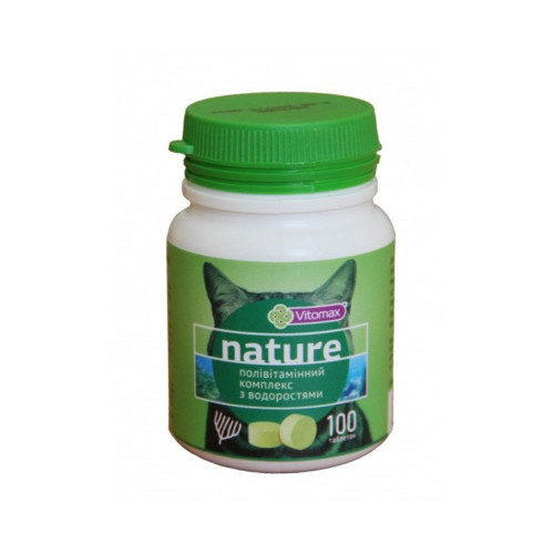 Полівітамінний комплекс Vitomax Nature для котів, з водоростями, 50 г, 100 таб Полівітамінний комплекс Vitomax Nature для котів, з водоростями, 50 г, 100 таб