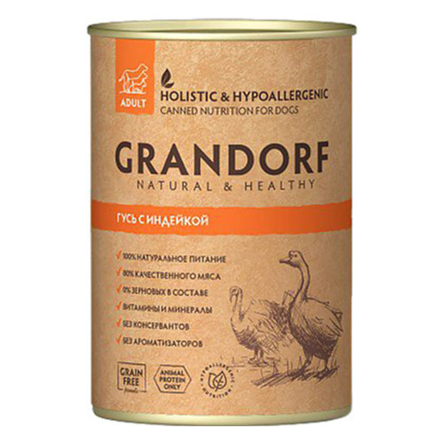 Консерви Grandorf Goose&Turkey для дорослих собак, з м'ясом гусака та індички, 400 г Консерви Grandorf Goose&Turkey для дорослих собак, з м'ясом гусака та індички, 400 г