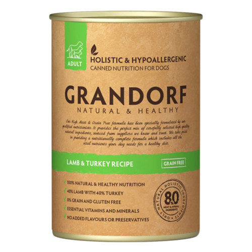 Консерви Grandorf Lamb&Turkey для дорослих собак, з м'ясом ягня та індички, 400 г Консерви Grandorf Lamb&Turkey для дорослих собак, з м'ясом ягня та індички, 400 г