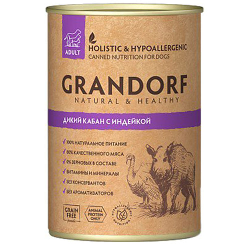 Консерви Grandorf Wild Boar&Turkey для дорослих собак, з м'ясом дикого кабана та індички, 400 г Консерви Grandorf Wild Boar&Turkey для дорослих собак, з м'ясом дикого кабана та індички, 400 г