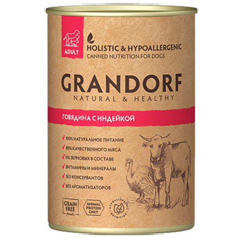 Консерви Grandorf Beef&Turkey для дорослих собак, з яловичиною та індичкою, 400 г Консерви Grandorf Beef&Turkey для дорослих собак, з яловичиною та індичкою, 400 г