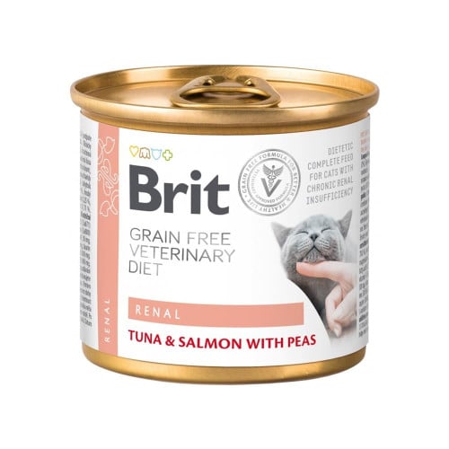 Консерви Brit VetDiets Cat Renal для котів з хронічною нирковою недостатністю, тунець, лосось з горохом, 200 г Консерви Brit VetDiets Cat Renal для котів з хронічною нирковою недостатністю, тунець, лосось з горохом, 200 г