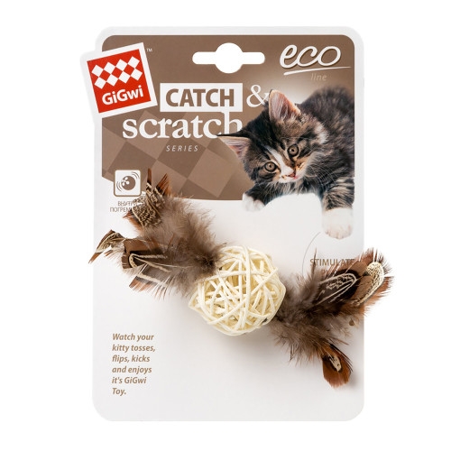 Іграшка GiGwi Catch&Scratch Плетений м'ячик з дзвіночком та пір'ям, для котів, 13 см Іграшка GiGwi Catch&Scratch Плетений м'ячик з дзвіночком та пір'ям, для котів, 13 см
